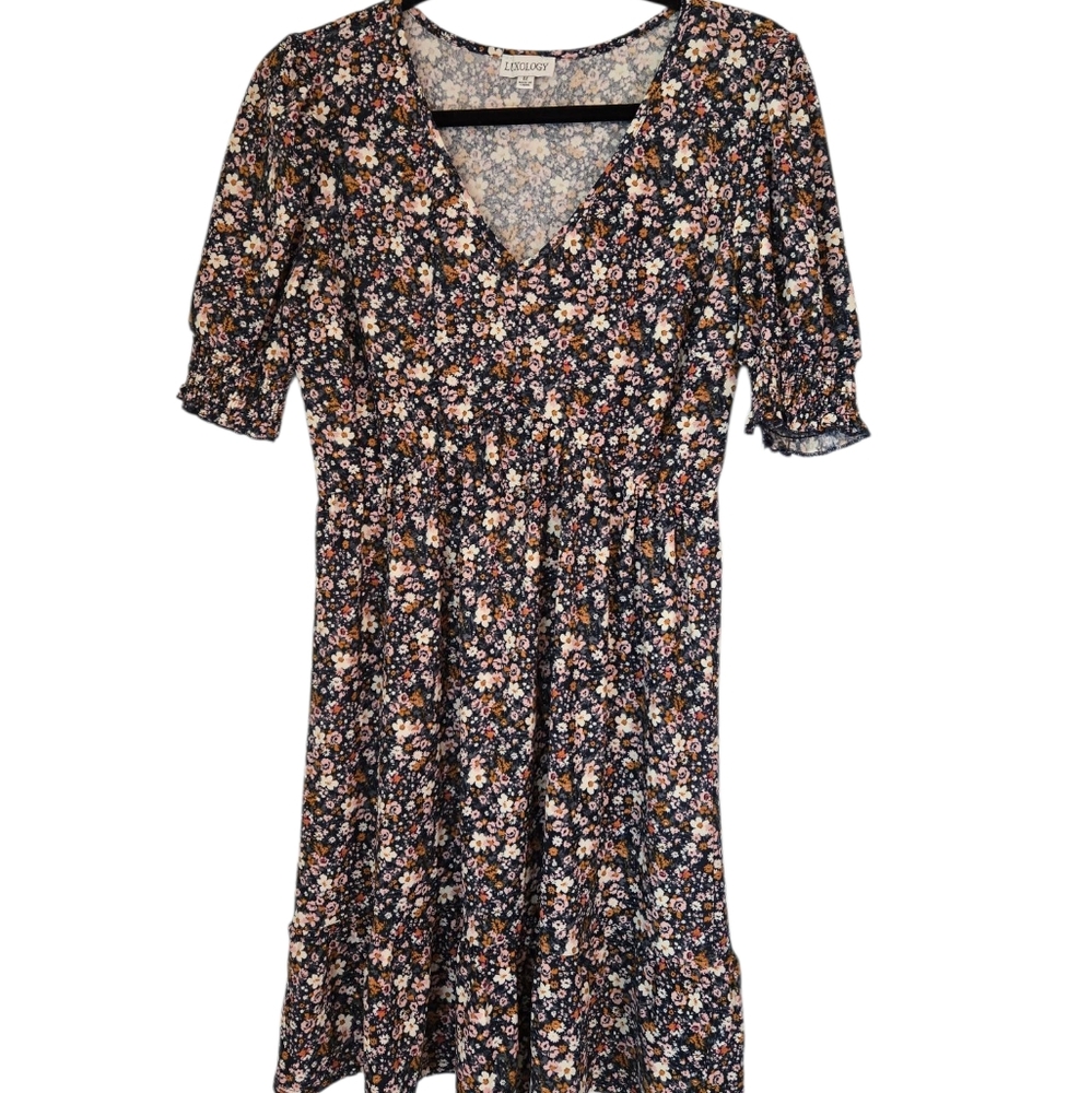 Luxology  Brown Tan Ruffled Puff Sleeve Mini Dress Sze Medium